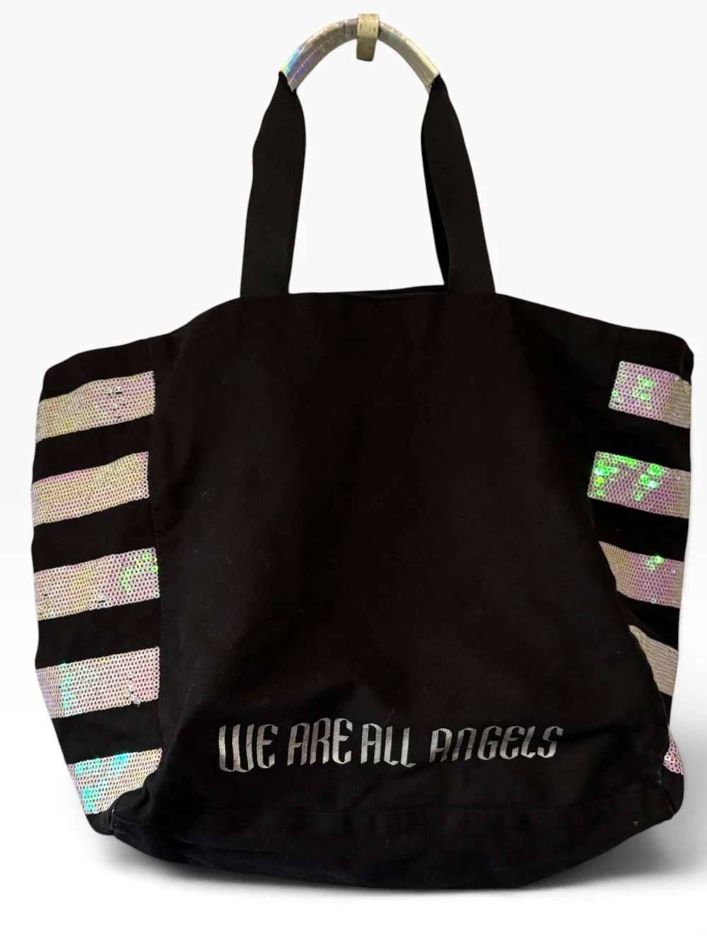 Victoria's Secret Black Canvas Tote Bag with Iridescent Sequin Stripes